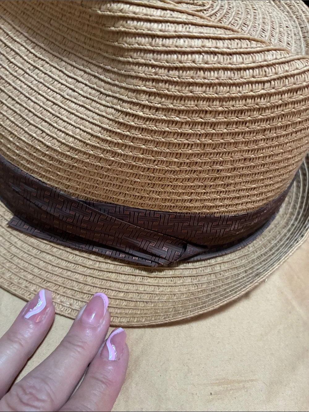 Tan Straw Fedora Hat with Dark Brown Band